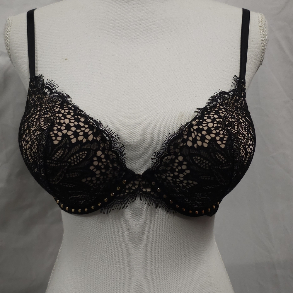 Victoria's Secret Black Lace Push-Up Bra with Nude Lining and Stud Trim